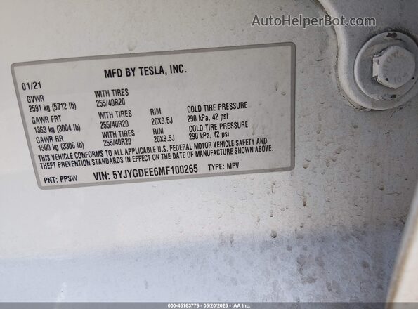 5YJYGDEE6MF100265 2021 TESLA MODEL Y White Widok komory silnika