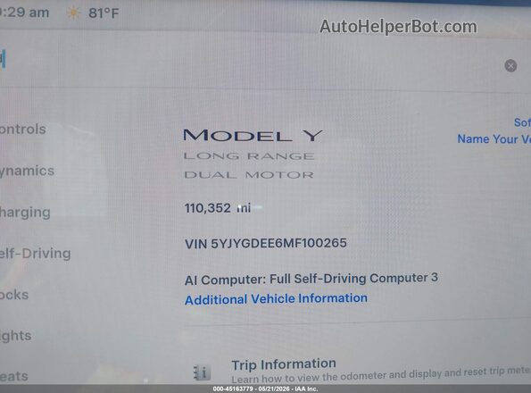 5YJYGDEE6MF100265 2021 TESLA MODEL Y White Widok tylnych siedzeń