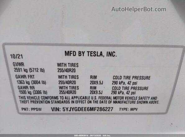 5YJYGDEE6MF286227 2021 TESLA MODEL Y White Vista del compartimento del motor