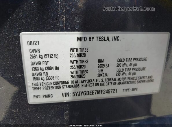 5YJYGDEE7MF245721 2021 TESLA MODEL Y Gray Շարժիչի բաժամունքի տեսք