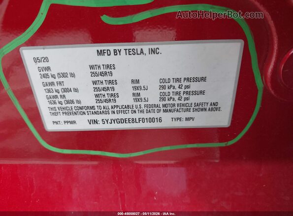 5YJYGDEE8LF010016 2020 TESLA MODEL Y Red Vista del compartimento del motor
