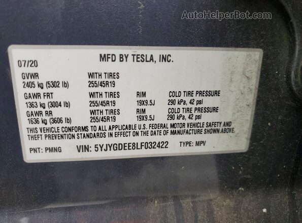 5YJYGDEE8LF032422 2020 TESLA MODEL Синий 