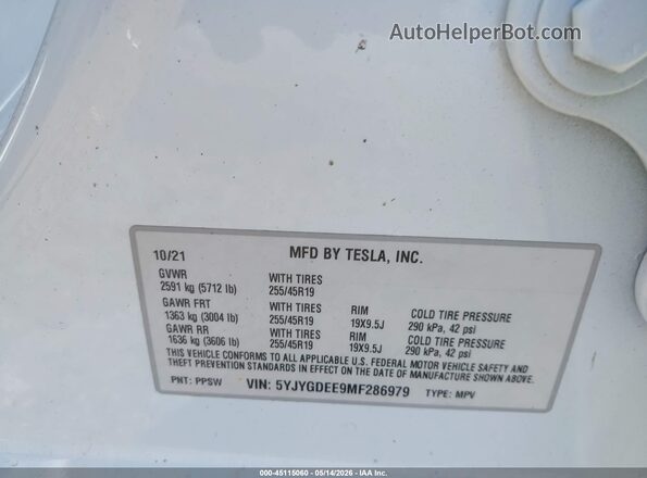 5YJYGDEE9MF286979 2021 TESLA MODEL Y White ძრავის განყოფილების ხედი