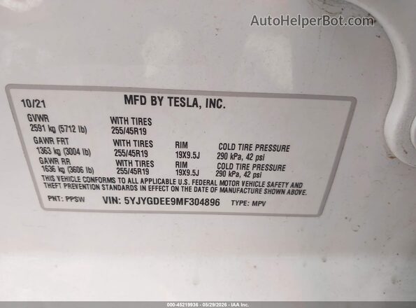5YJYGDEE9MF304896 2021 TESLA MODEL Y Белый Вид подкапотного пространства