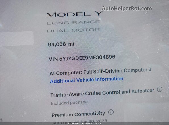 5YJYGDEE9MF304896 2021 TESLA MODEL Y Белый Панорамный вид салона 360°