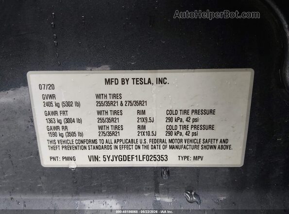 5YJYGDEF1LF025353 2020 TESLA MODEL Y Серый Вид подкапотного пространства