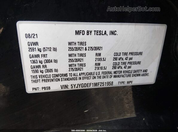 5YJYGDEF1MF251958 2021 TESLA MODEL Y Черный Вид подкапотного пространства