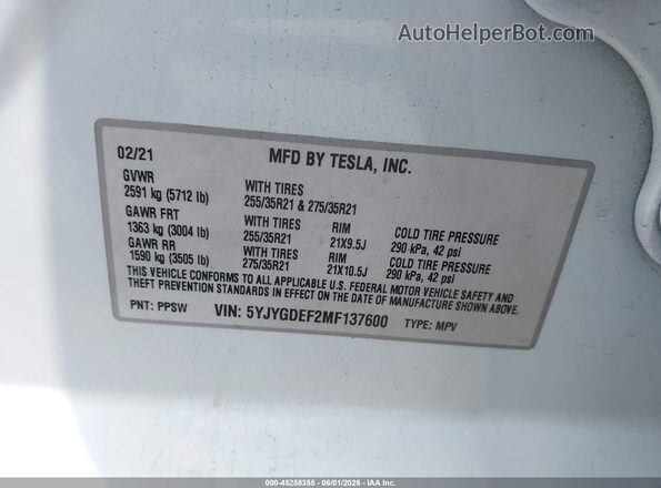 5YJYGDEF2MF137600 2021 TESLA MODEL Y White Vista del compartimento del motor
