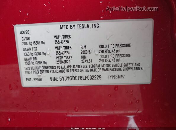 5YJYGDEF6LF002229 2020 TESLA MODEL Y Red Vista del compartimento del motor