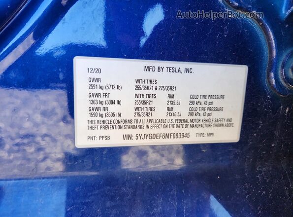 5YJYGDEF6MF083945 2021 TESLA MODEL Blue 