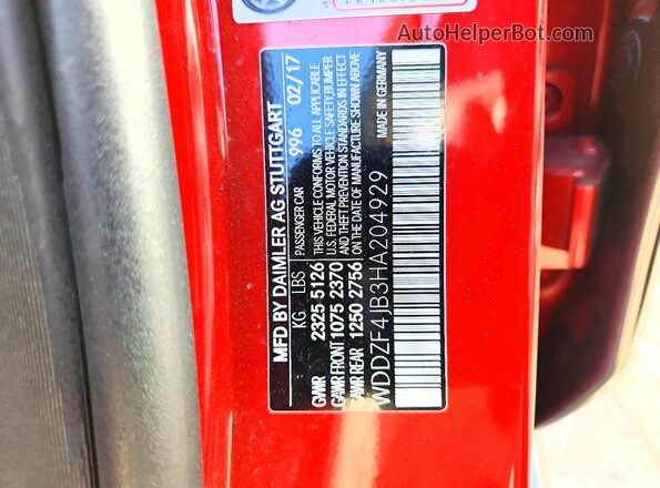 WDDZF4JB3HA204929 2017 MERCEDES-BENZ E Красный Вид наклейки с VIN-кодом