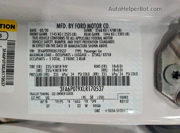 3FA6P0T9XLR170537 2020 FORD FUSION Белый Вид наклейки с VIN-кодом