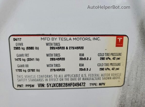 5YJXCBE28HF049472 2017 TESLA MODEL Белый 
