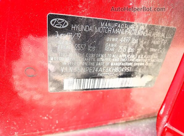 5NPE24AF6KH804951 2019 HYUNDAI SONATA Red 