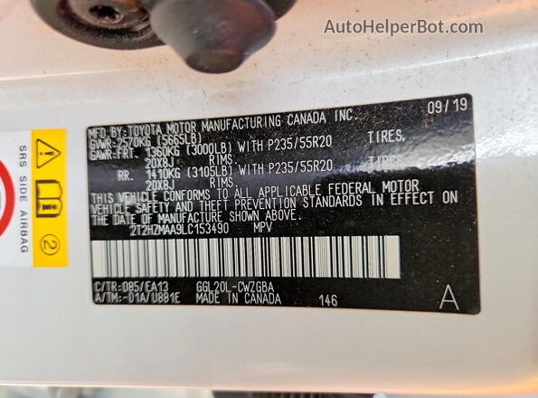 2T2HZMAA9LC153490 2020 LEXUS RX White 