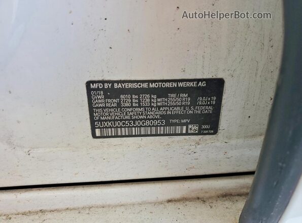 5UXKU0C53J0G80953 2018 BMW X6 White Vista de la etiqueta del VIN