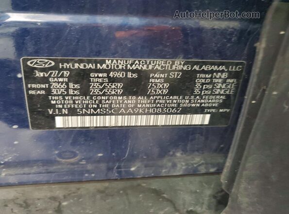 5NMS5CAA9KH083062 2019 HYUNDAI SANTA FE Blue 