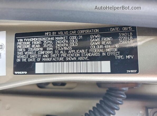 YV440MDK0G2823446 2016 VOLVO XC60 Gray VIN კოდის სტიკერის ხედი