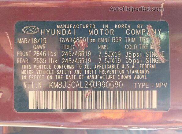 KM8J3CAL2KU990680 2019 HYUNDAI TUCSON Red 