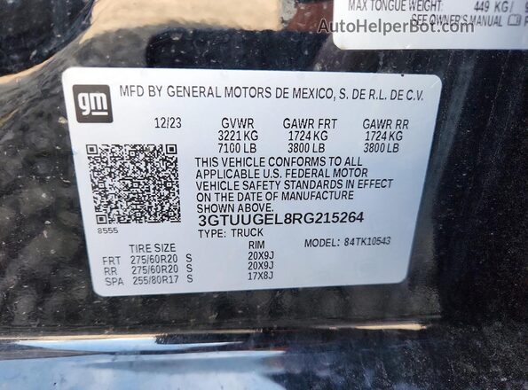 3GTUUGEL8RG215264 2024 GMC SIERRA Black VIN კოდის სტიკერის ხედი