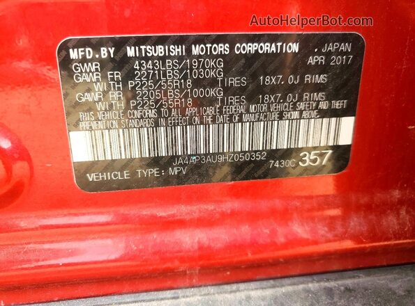 JA4AP3AU9HZ050352 2017 MITSUBISHI OUTLANDER Red Սալոնի 360 աստիճան տեսք