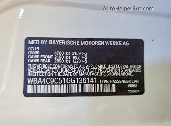 WBA4C9C51GG136141 2016 BMW 4 SERIES White Вид наклейки з VIN-кодом