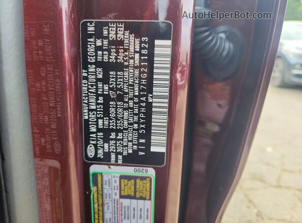 5XYPH4A17HG211823 2017 KIA SORENTO Burgundy 