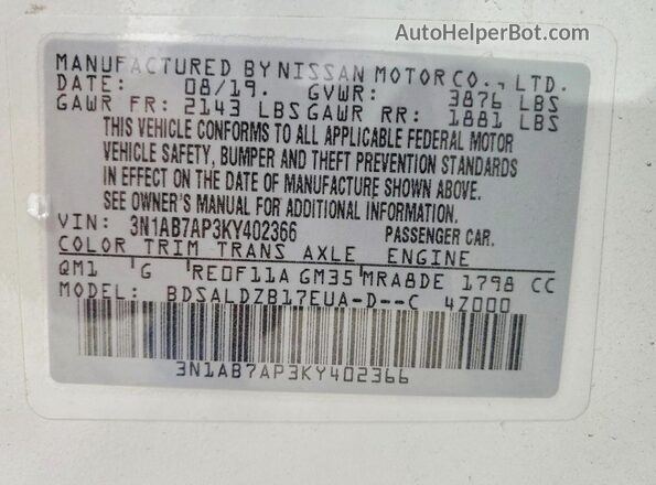 3N1AB7AP3KY402366 2019 NISSAN SENTRA Белый 
