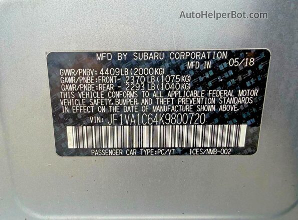 JF1VA1C64K9800720 2019 SUBARU WRX Silver უკანა სალონის ხედი
