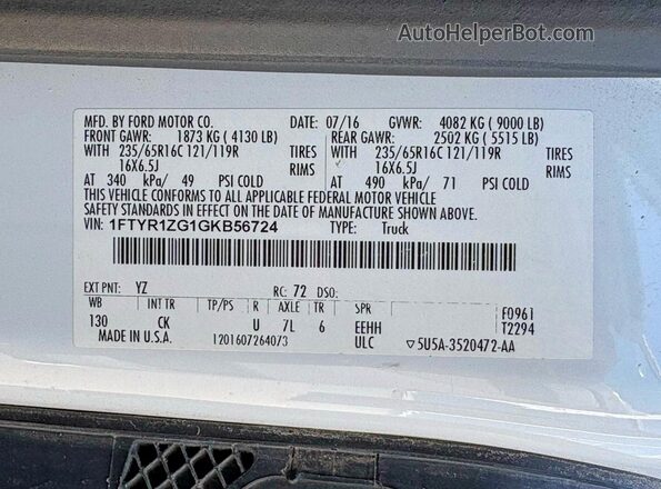 1FTYR1ZG1GKB56724 2016 FORD TRANSIT White 