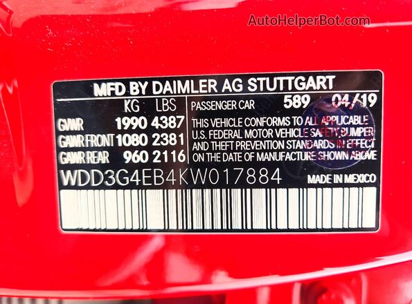 WDD3G4EB4KW017884 2019 MERCEDES-BENZ A Red VIN sticker view