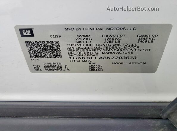 1GKKNLLA8KZ203673 2019 GMC ACADIA White 