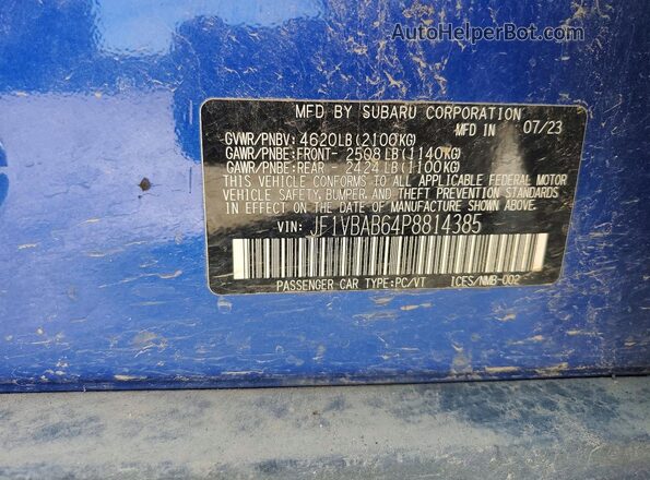 JF1VBAB64P8814385 2023 SUBARU WRX Blue Widok naklejki z numerem VIN