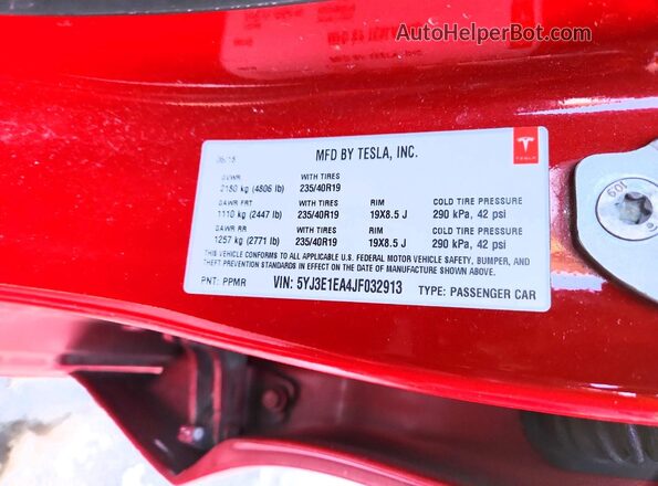 5YJ3E1EA4JF032913 2018 TESLA MODEL Red 