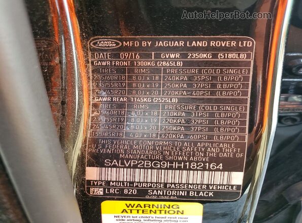 SALVP2BG9HH182164 2017 LAND ROVER RANGE ROVER Black Widok wnętrza 360 stopni