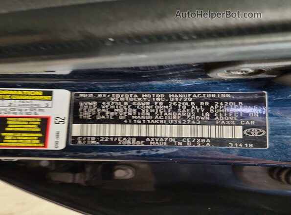 4T1G11AK8LU342743 2020 TOYOTA CAMRY Blue Vista del compartimento del motor