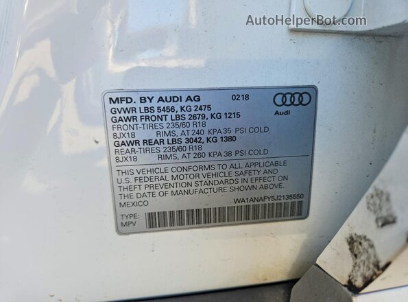 WA1ANAFY5J2135550 2018 AUDI Q5 White Vista interior de 360 grados