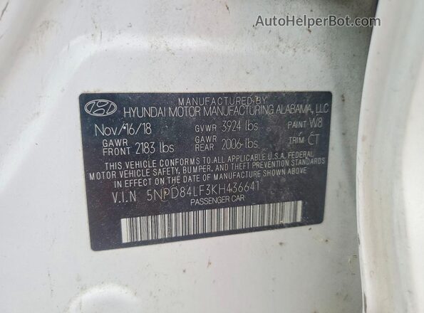 5NPD84LF3KH436641 2019 HYUNDAI ELANTRA White 