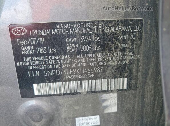 5NPD74LF9KH466987 2019 HYUNDAI ELANTRA Gray 
