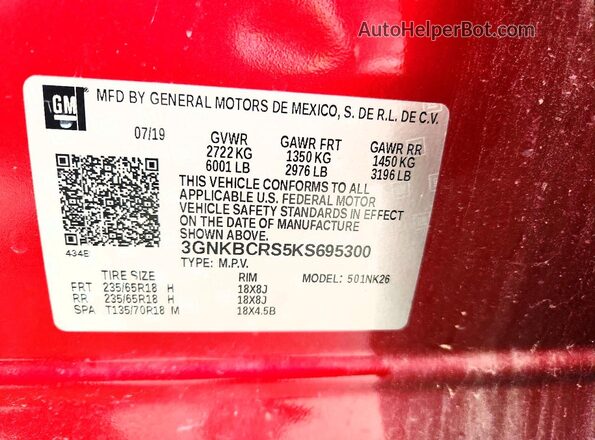 3GNKBCRS5KS695300 2019 CHEVROLET BLAZER Red Панорамний вид салону 360°