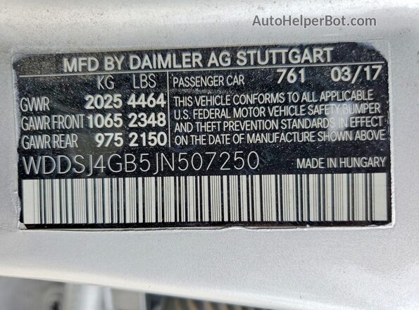 WDDSJ4GB5JN507250 2018 MERCEDES-BENZ CLA-CLASS Silver Widok naklejki z numerem VIN