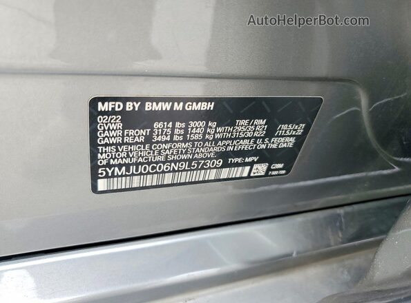 5YMJU0C06N9L57309 2022 BMW X5 Gray 