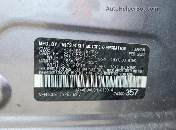 JA4APUAU0NU010014 2022 MITSUBISHI OUTLANDER Gray 
