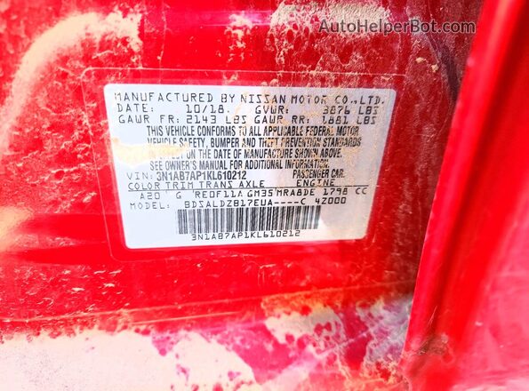 3N1AB7AP1KL610212 2019 NISSAN SENTRA Red Widok naklejki z numerem VIN