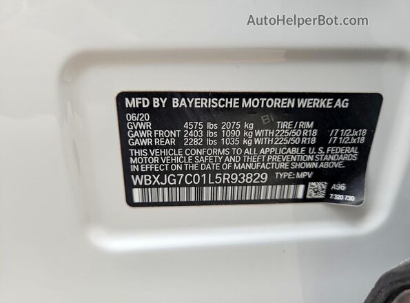 WBXJG7C01L5R93829 2020 BMW X1 White VIN sticker view