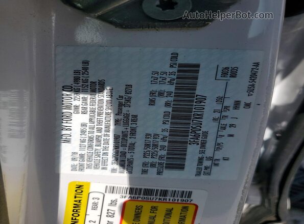 3FA6P0SU7KR101907 2019 FORD FUSION Белый 