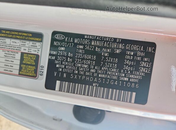 5XYPHDA51JG411086 2018 KIA SORENTO Белый Панорамный вид салона 360°