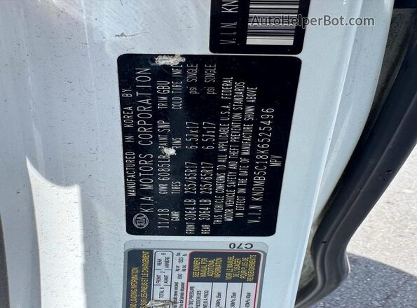 KNDMB5C18K6525496 2019 KIA SEDONA White Widok naklejki z numerem VIN