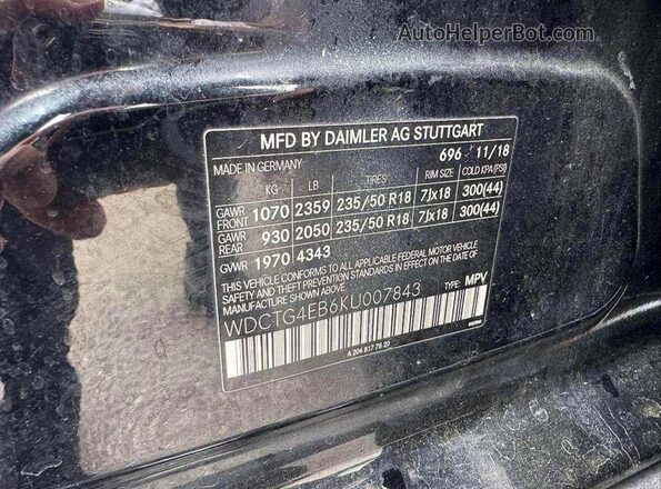 WDCTG4EB6KU007843 2019 MERCEDES-BENZ GLA Черный Вид задней части салона
