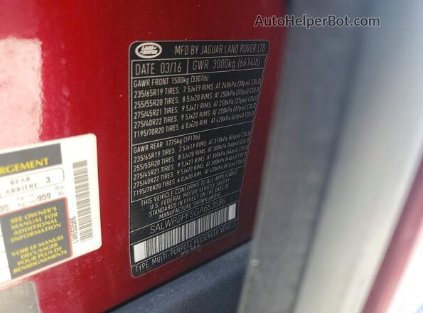 SALWR2PF5GA653586 2016 LAND ROVER RANGE ROVER Red 360 interior view